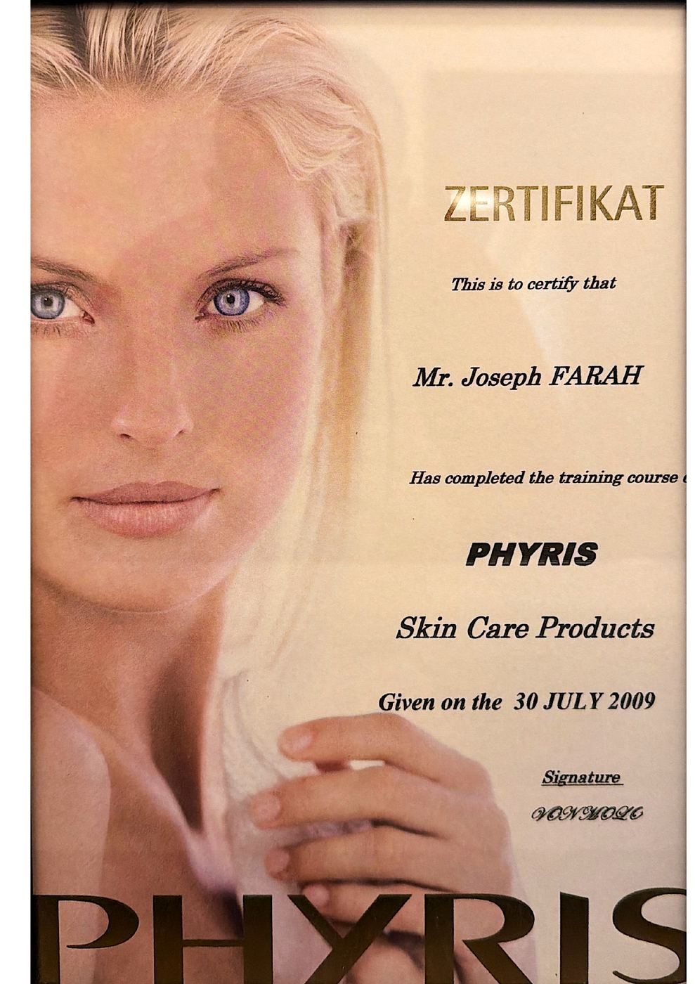PHYRIS skincare training certificate awarded to Joseph Farah, 2009