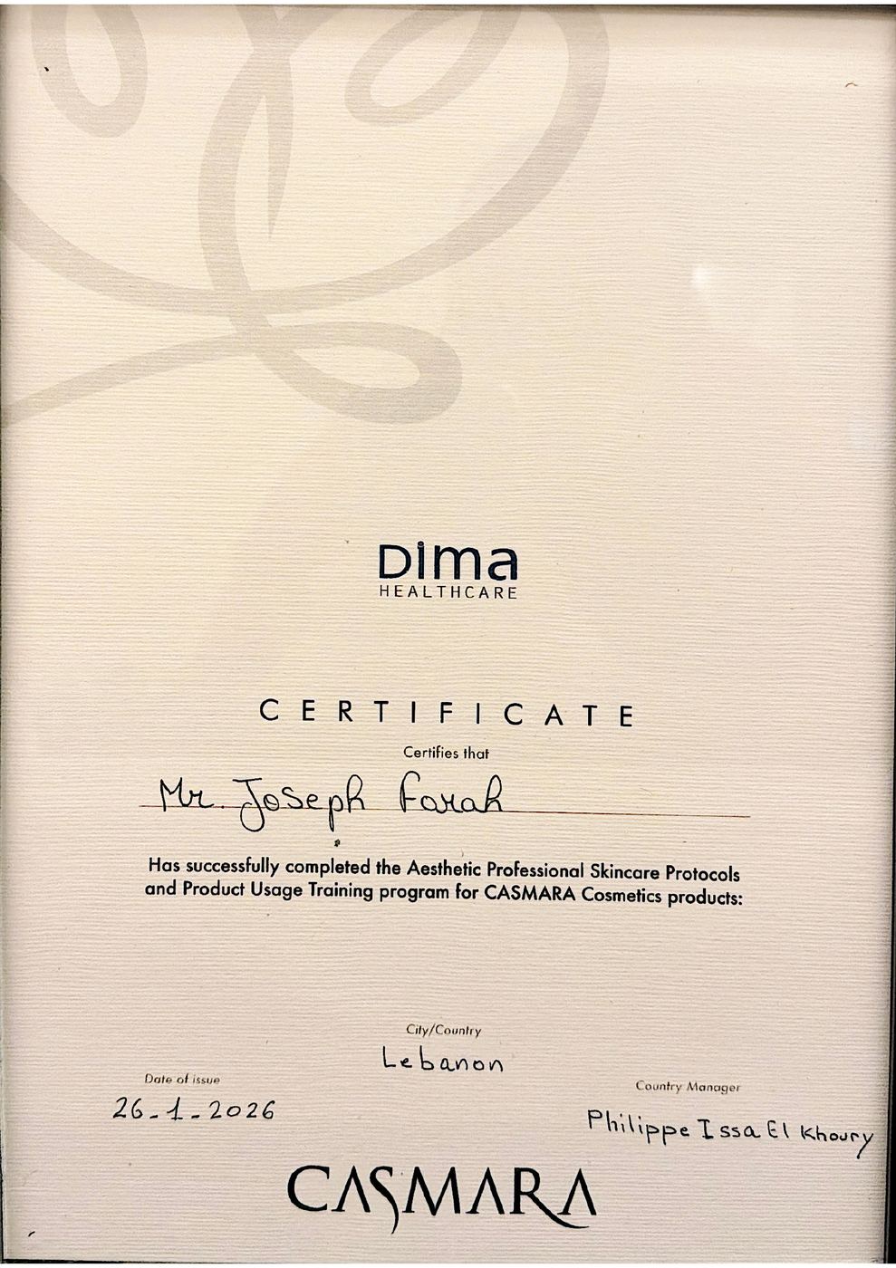 CASMARA aesthetic professional skincare training certificate awarded to Joseph Farah