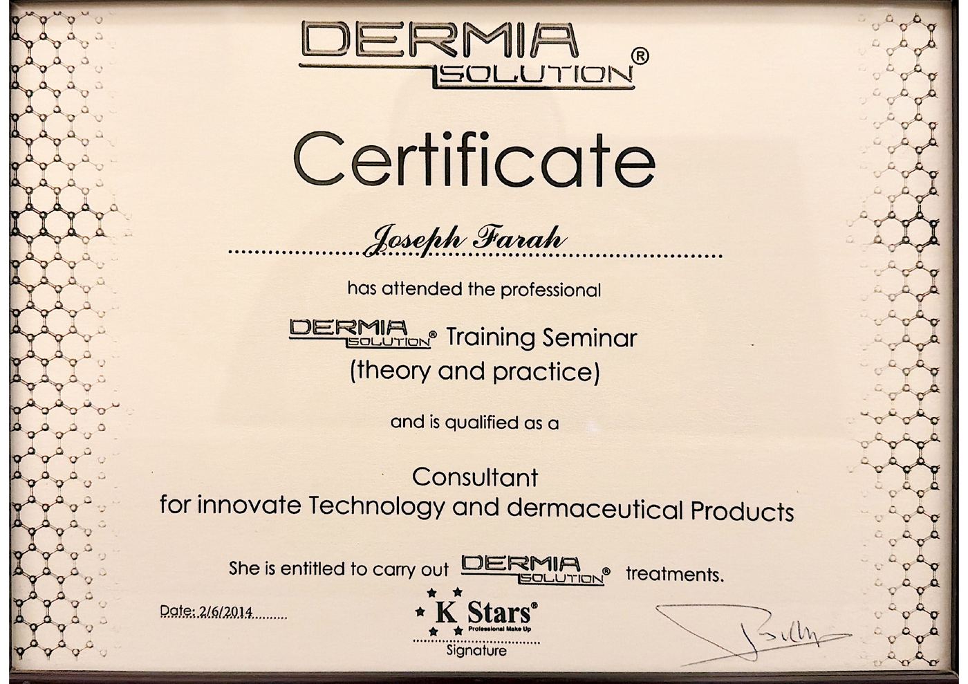 Dermia Solution consultant training certificate awarded to Joseph Farah, 2014