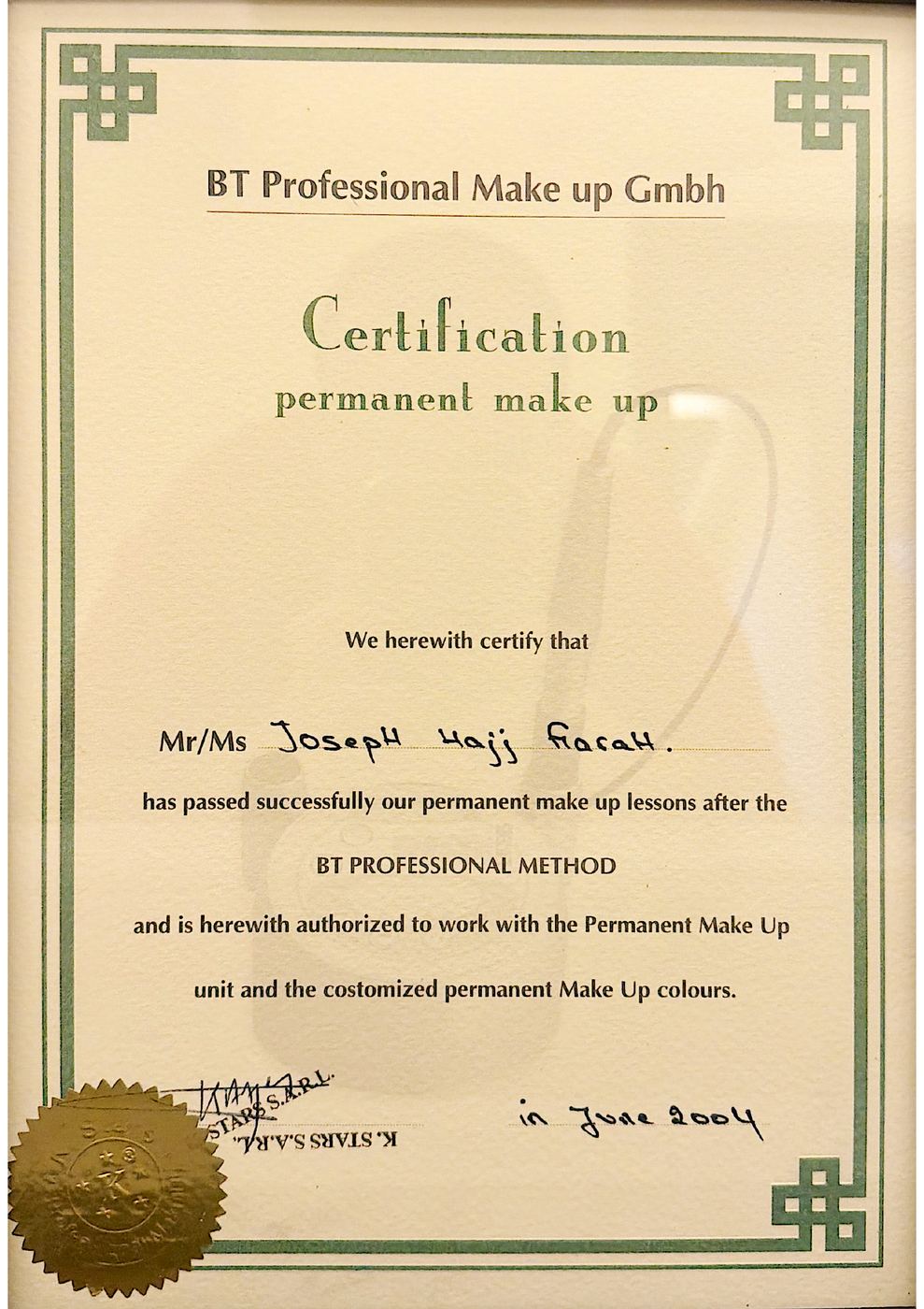 BT Professional permanent makeup certification awarded to Joseph Farah, 2004