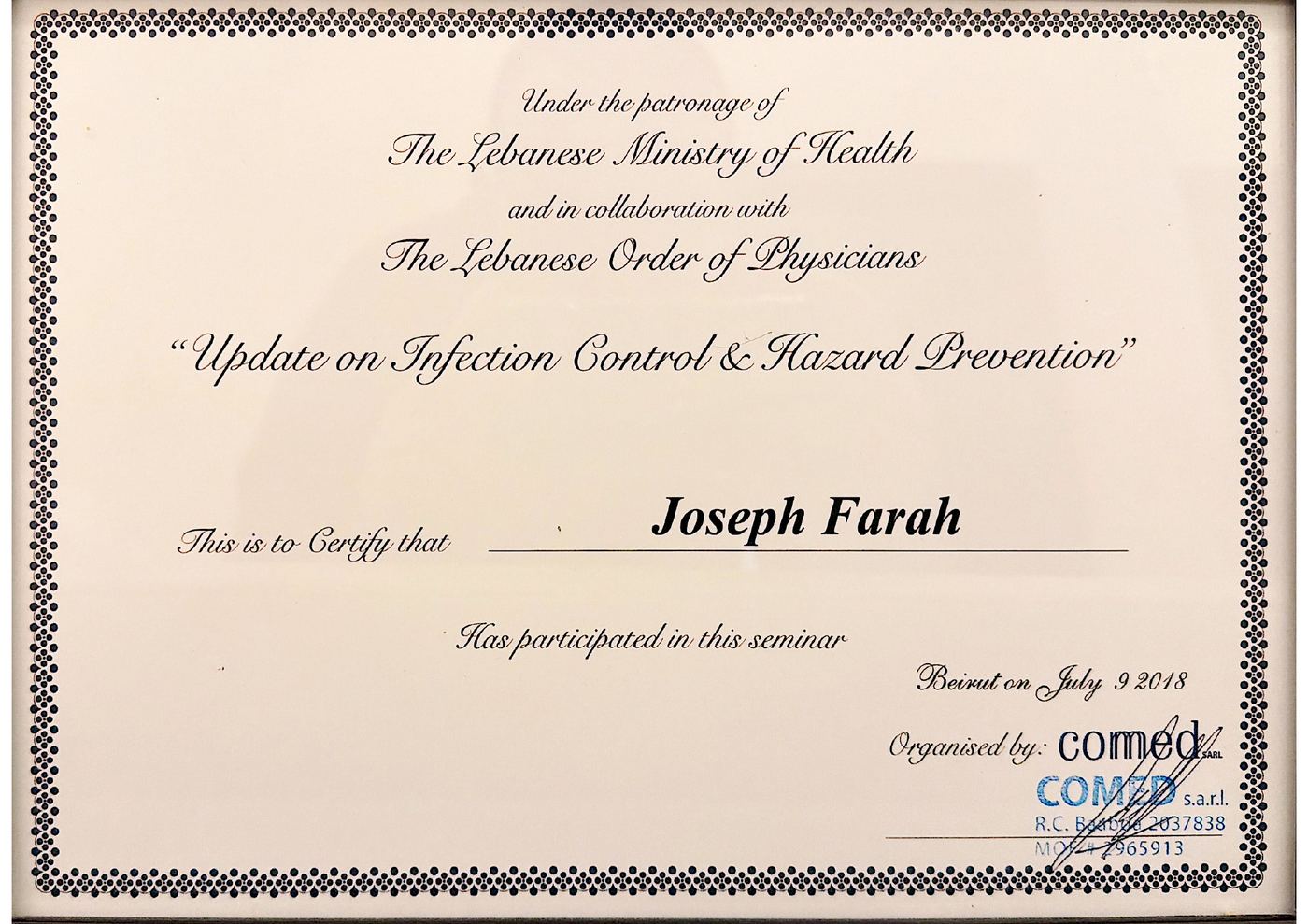 Infection control and hazard prevention seminar certificate awarded to Joseph Farah, Beirut 2018