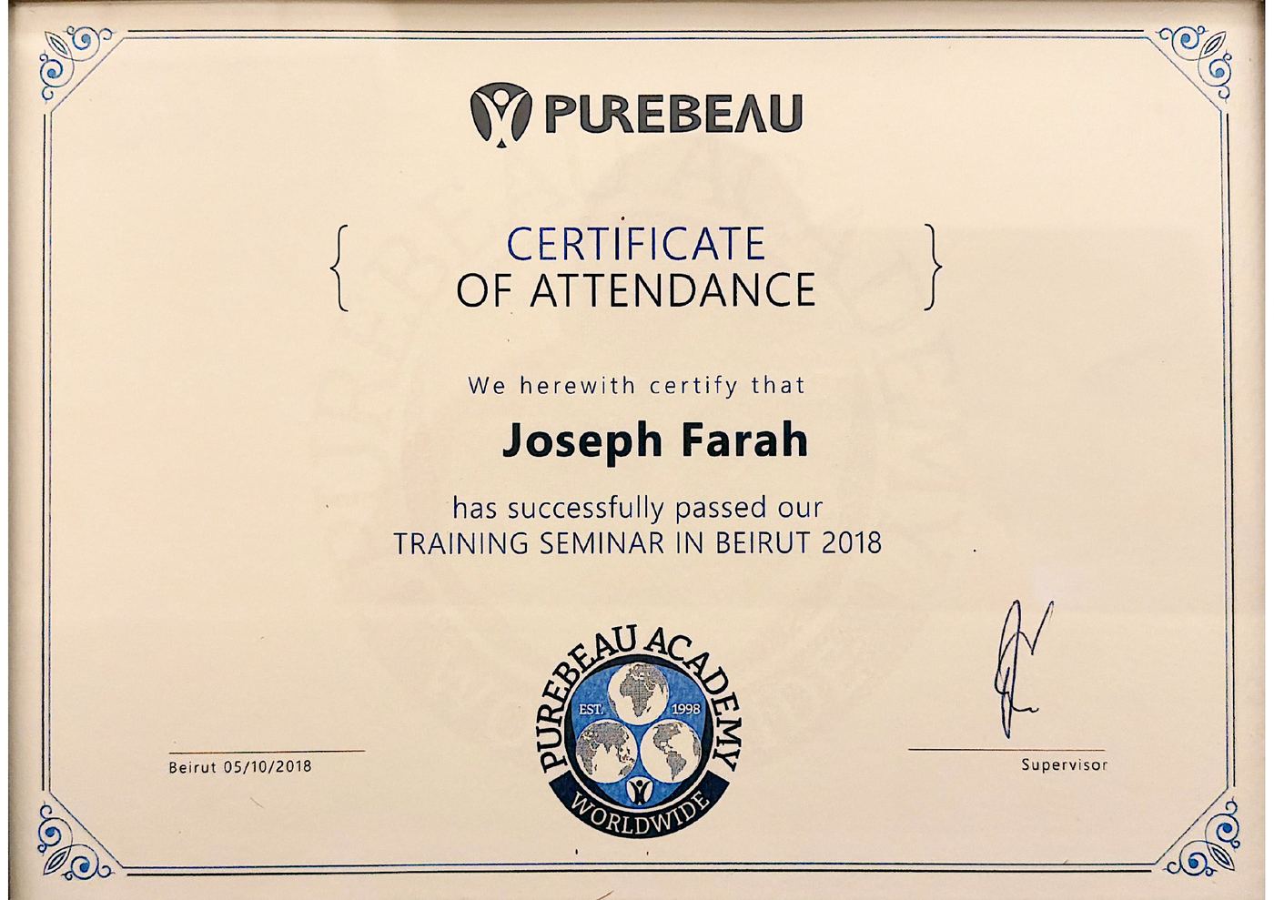 Purebeau Academy certificate of attendance awarded to Joseph Farah, Beirut 2018