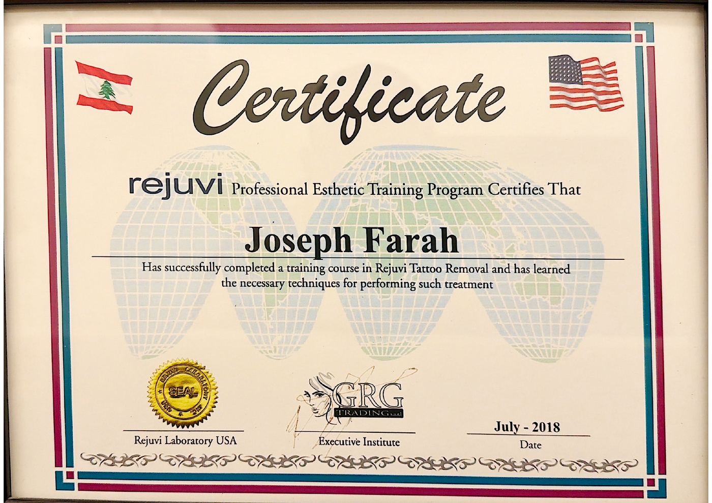 Rejuvi tattoo removal training certificate awarded to Joseph Farah, 2018